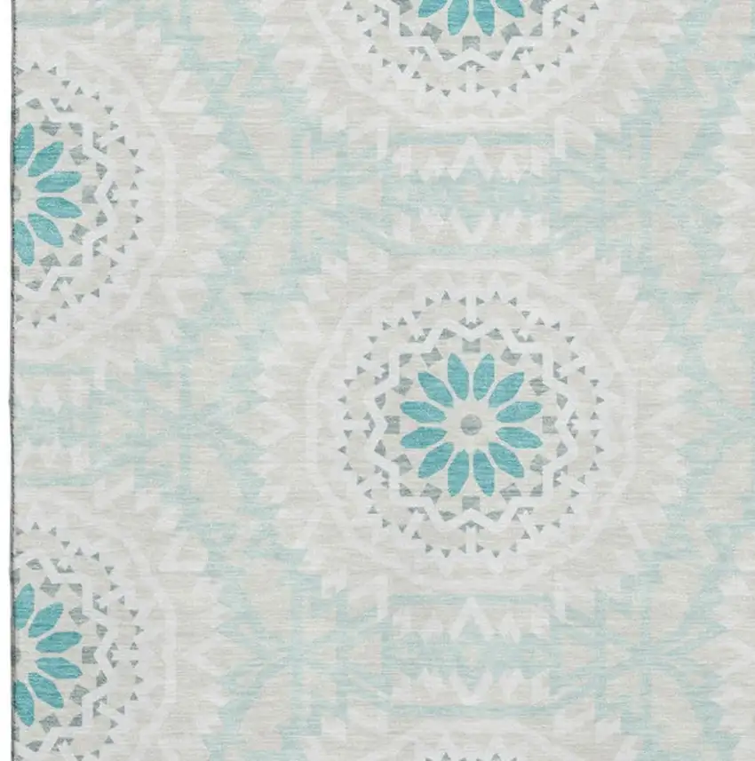 Teal And Ivory Geometric Washable Area Rug With UV Protection Photo 2