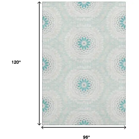 Teal And Ivory Geometric Washable Area Rug With UV Protection Photo 3