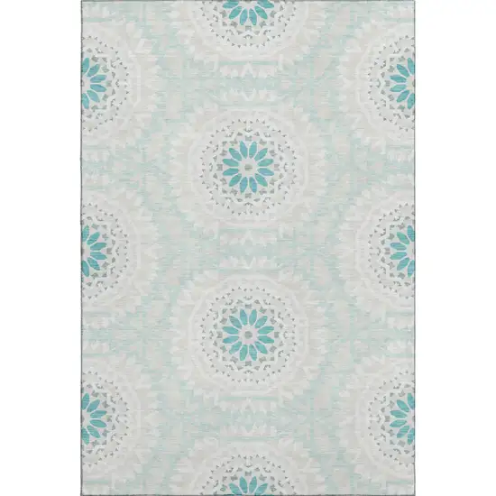 Teal And Ivory Geometric Washable Area Rug With UV Protection Photo 1