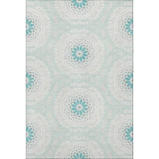 Teal And Ivory Geometric Washable Area Rug With UV Protection Photo 3