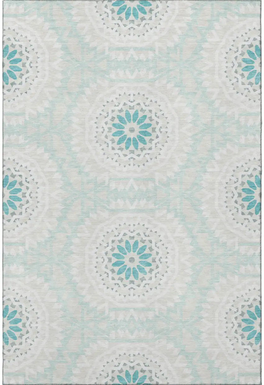 Teal And Ivory Geometric Washable Area Rug With UV Protection Photo 3
