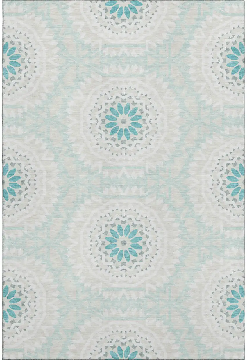 Teal And Ivory Geometric Washable Area Rug With UV Protection Photo 1