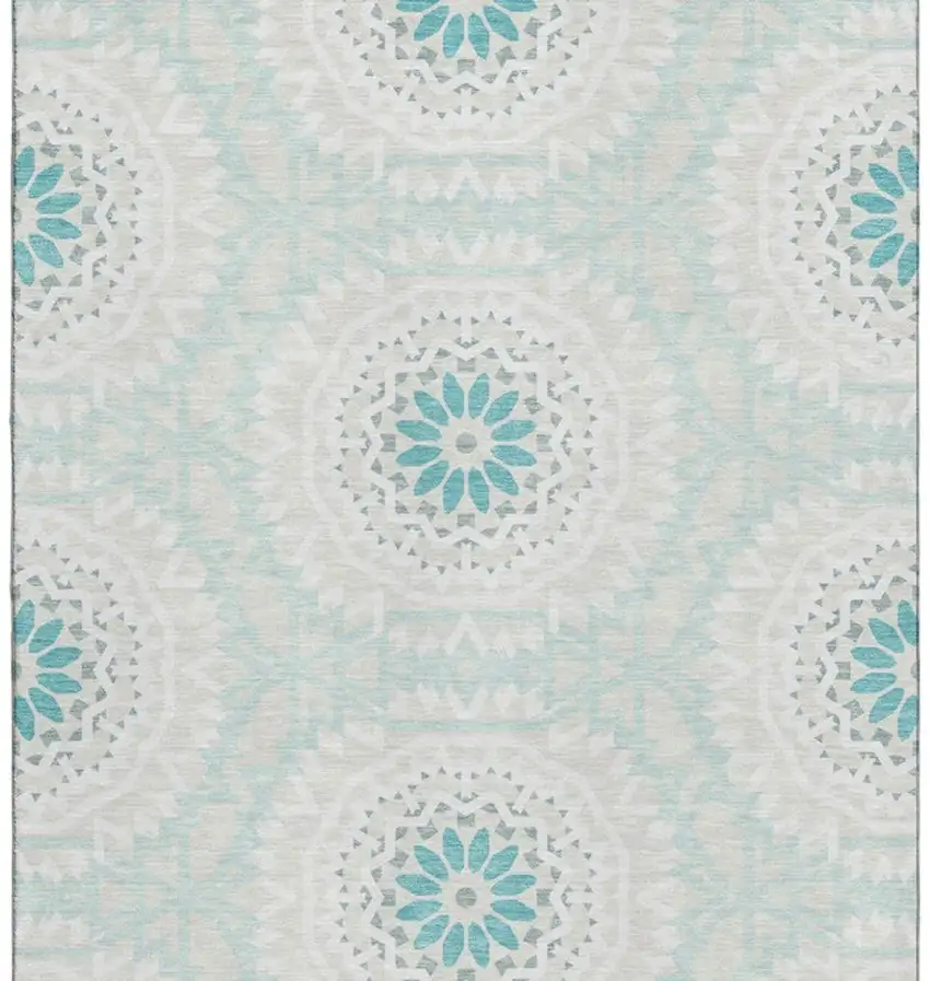 Teal And Ivory Geometric Washable Area Rug With UV Protection Photo 3