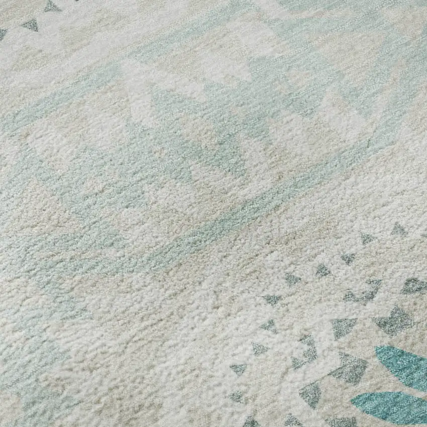 Teal And Ivory Geometric Washable Area Rug With UV Protection Photo 9