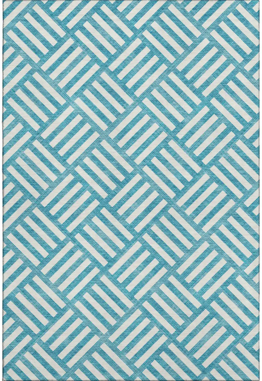 Teal And Ivory Geometric Washable Area Rug With UV Protection Photo 5