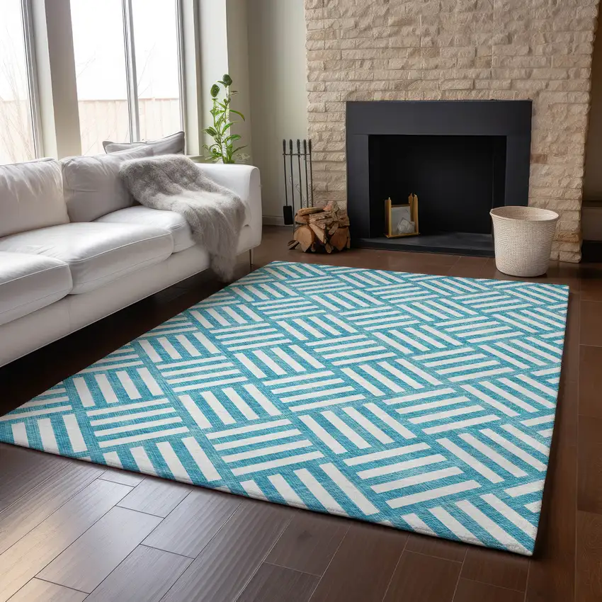 Teal And Ivory Geometric Washable Area Rug With UV Protection Photo 4