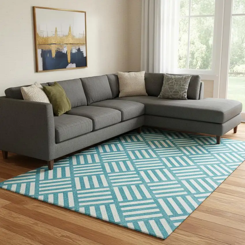 Teal And Ivory Geometric Washable Area Rug With UV Protection Photo 1
