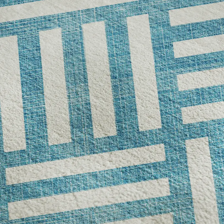 Teal And Ivory Geometric Washable Area Rug With UV Protection Photo 2