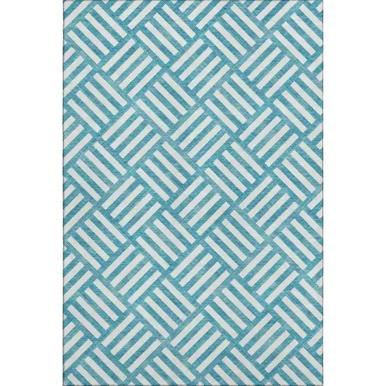 Teal And Ivory Geometric Washable Area Rug With UV Protection Photo 6