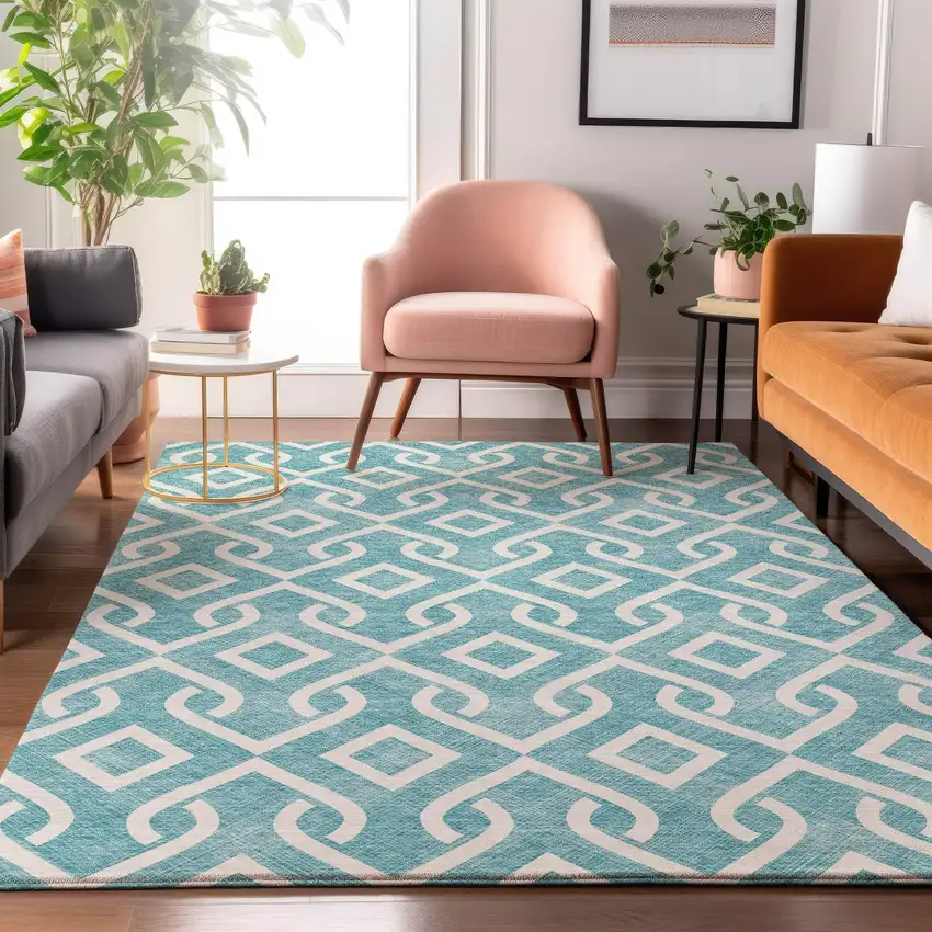 Teal And Ivory Geometric Washable Area Rug With UV Protection Photo 3