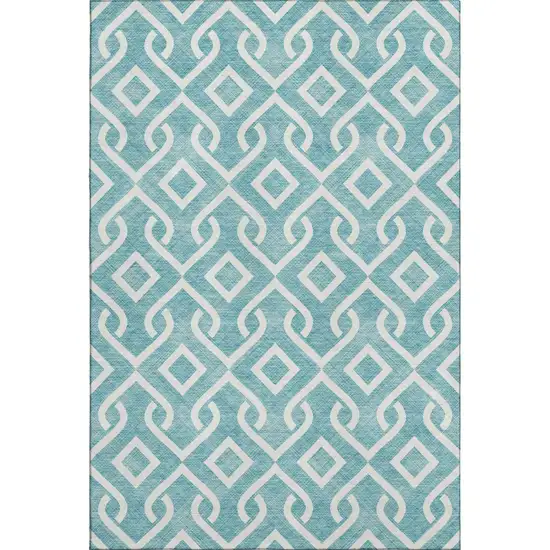 Teal And Ivory Geometric Washable Area Rug With UV Protection Photo 1