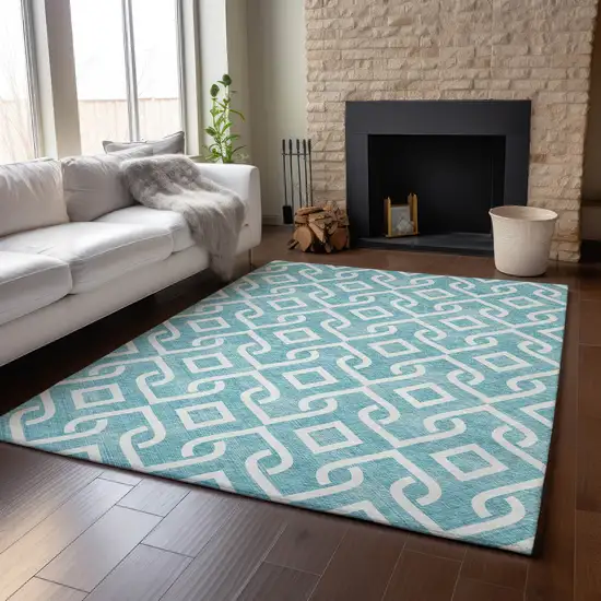 Teal And Ivory Geometric Washable Area Rug With UV Protection Photo 4
