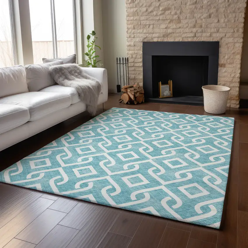 Teal And Ivory Geometric Washable Area Rug With UV Protection Photo 5