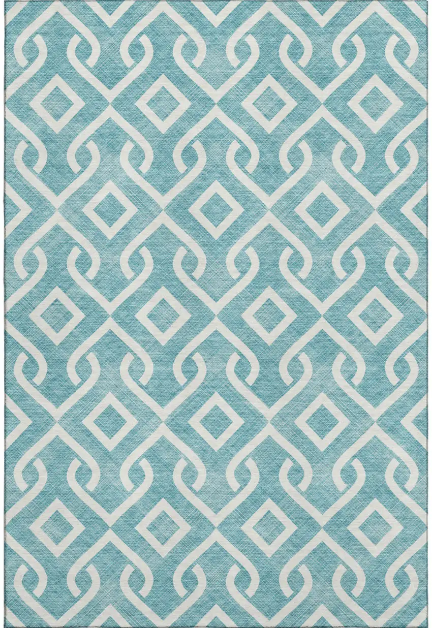 Teal And Ivory Geometric Washable Area Rug With UV Protection Photo 1