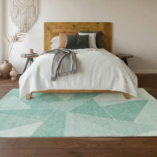 Teal And Ivory Geometric Washable Area Rug With UV Protection Photo 5