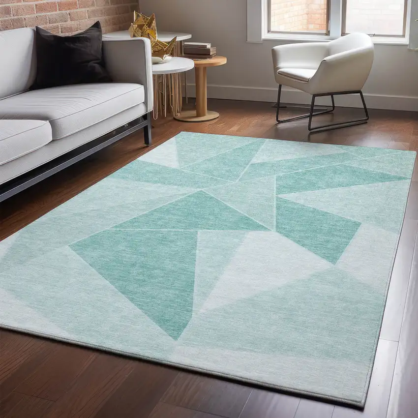 Teal And Ivory Geometric Washable Area Rug With UV Protection Photo 4