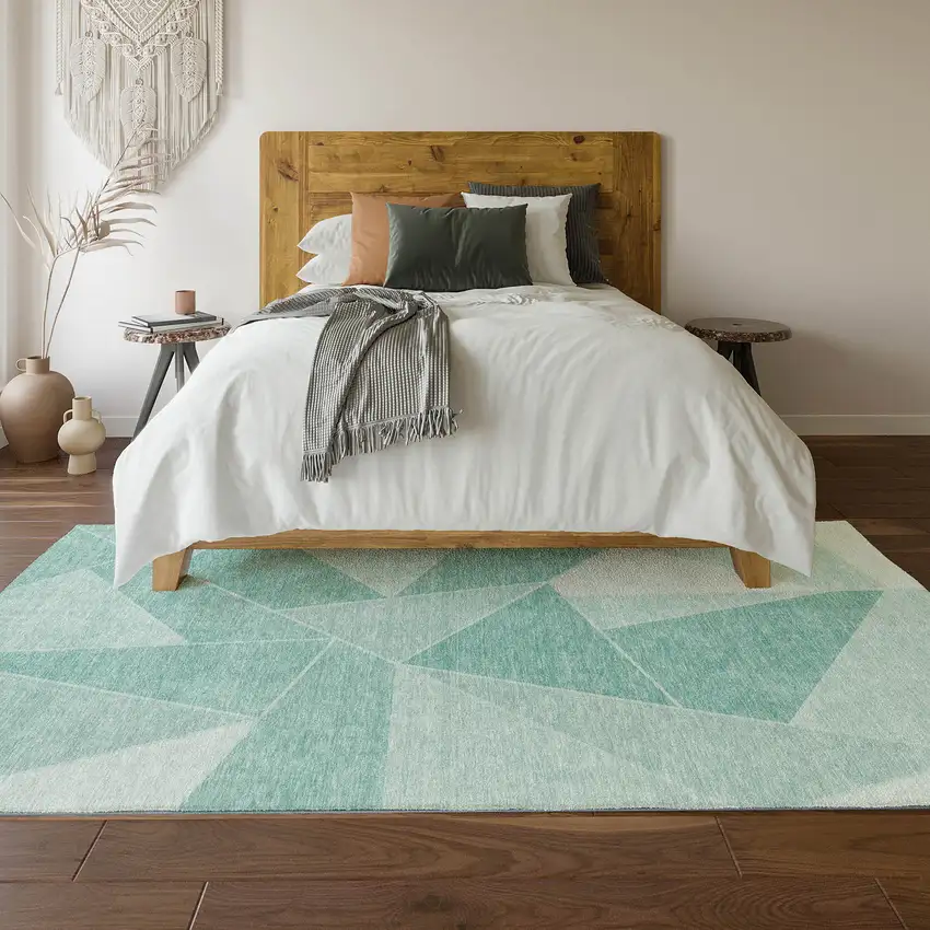 Teal And Ivory Geometric Washable Area Rug With UV Protection Photo 5