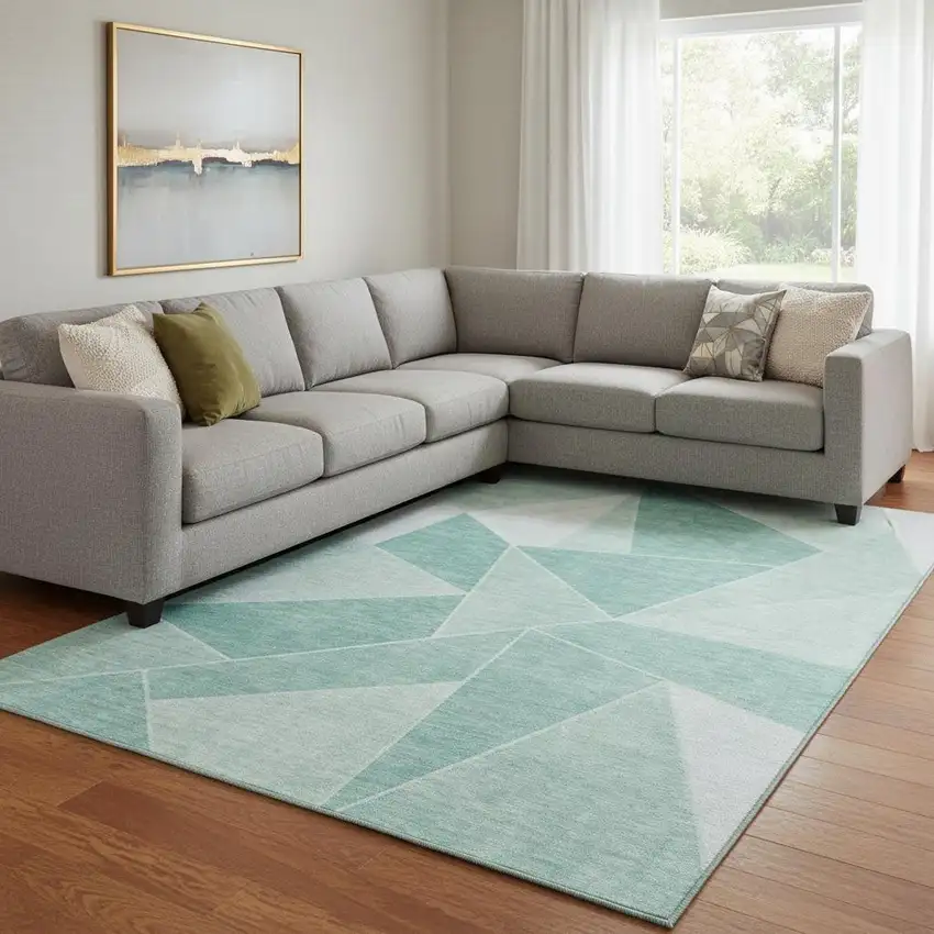 Teal And Ivory Geometric Washable Area Rug With UV Protection Photo 2
