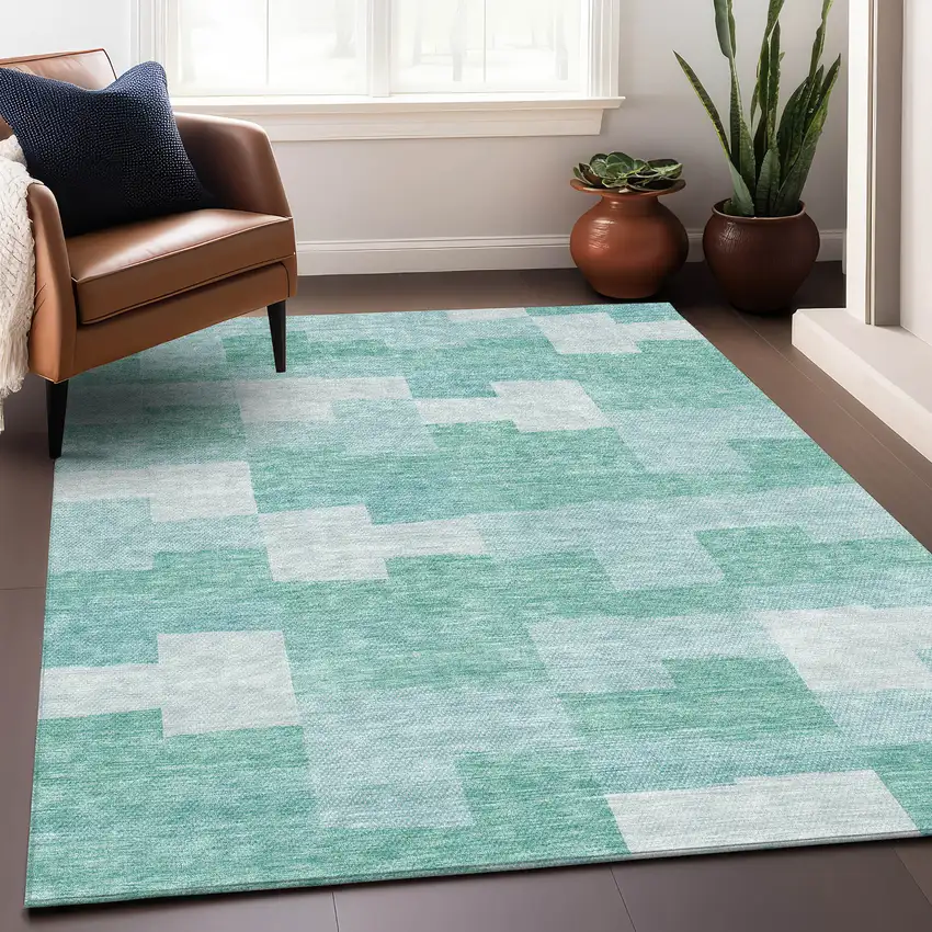 Teal And Ivory Geometric Washable Area Rug With UV Protection Photo 5