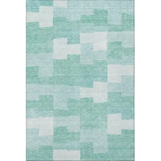 Teal And Ivory Geometric Washable Area Rug With UV Protection Photo 3