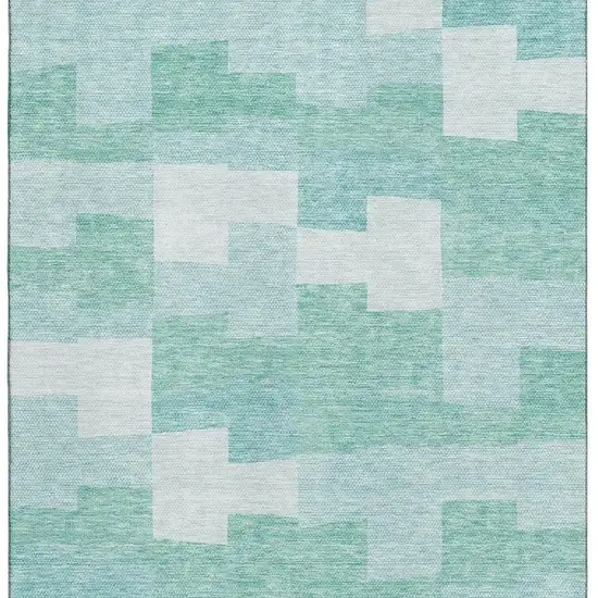 Teal And Ivory Geometric Washable Area Rug With UV Protection Photo 2
