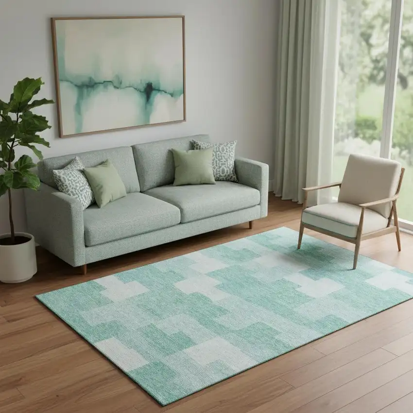 Teal And Ivory Geometric Washable Area Rug With UV Protection Photo 1