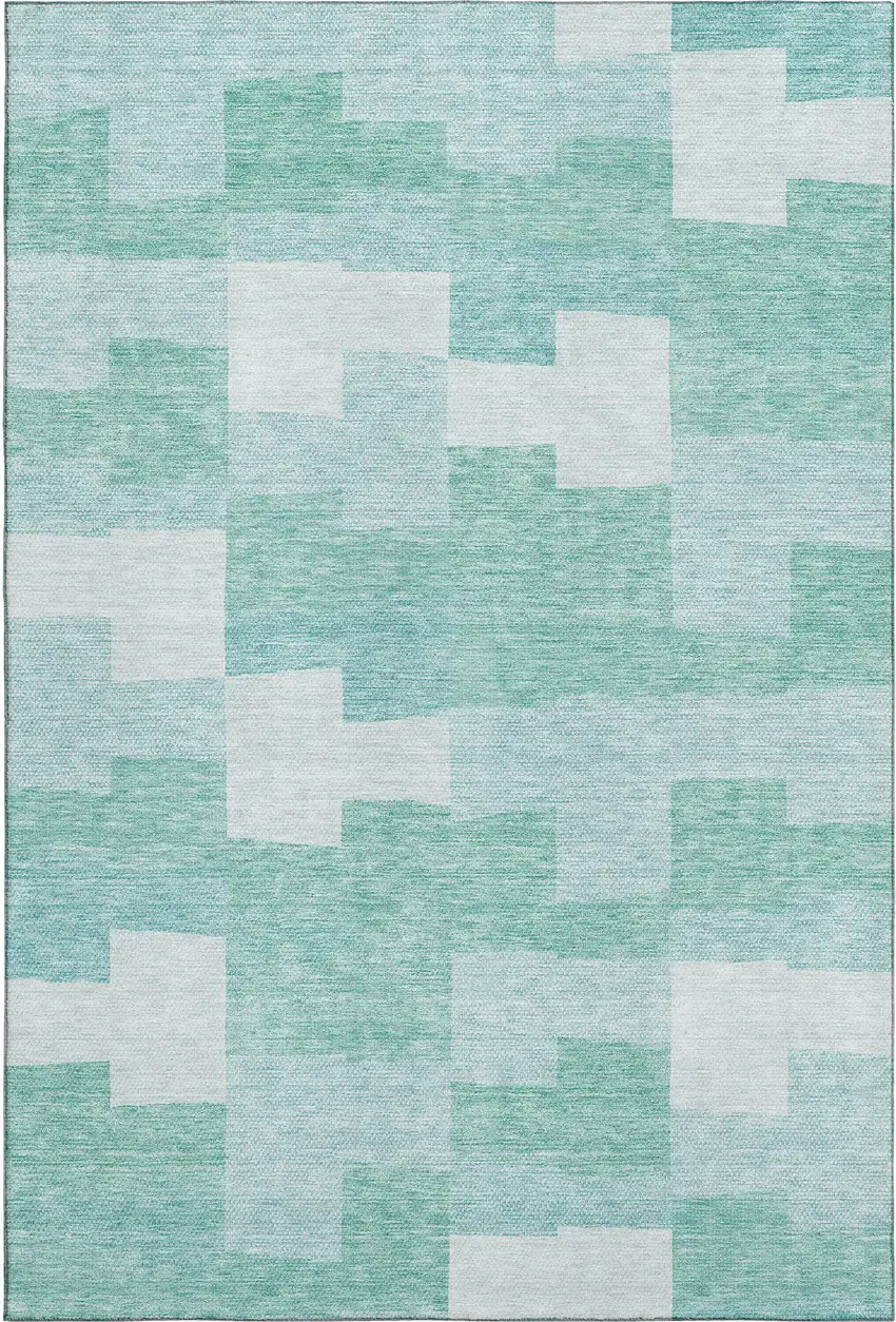 Teal And Ivory Geometric Washable Area Rug With UV Protection Photo 1