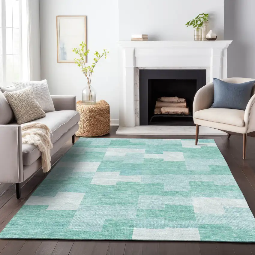 Teal And Ivory Geometric Washable Area Rug With UV Protection Photo 4