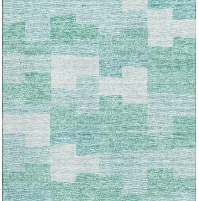 Teal And Ivory Geometric Washable Area Rug With UV Protection Photo 3