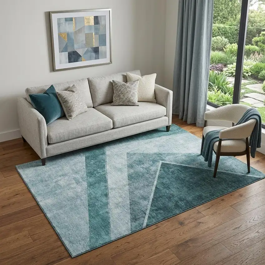 Teal And Ivory Geometric Washable Area Rug With UV Protection Photo 1