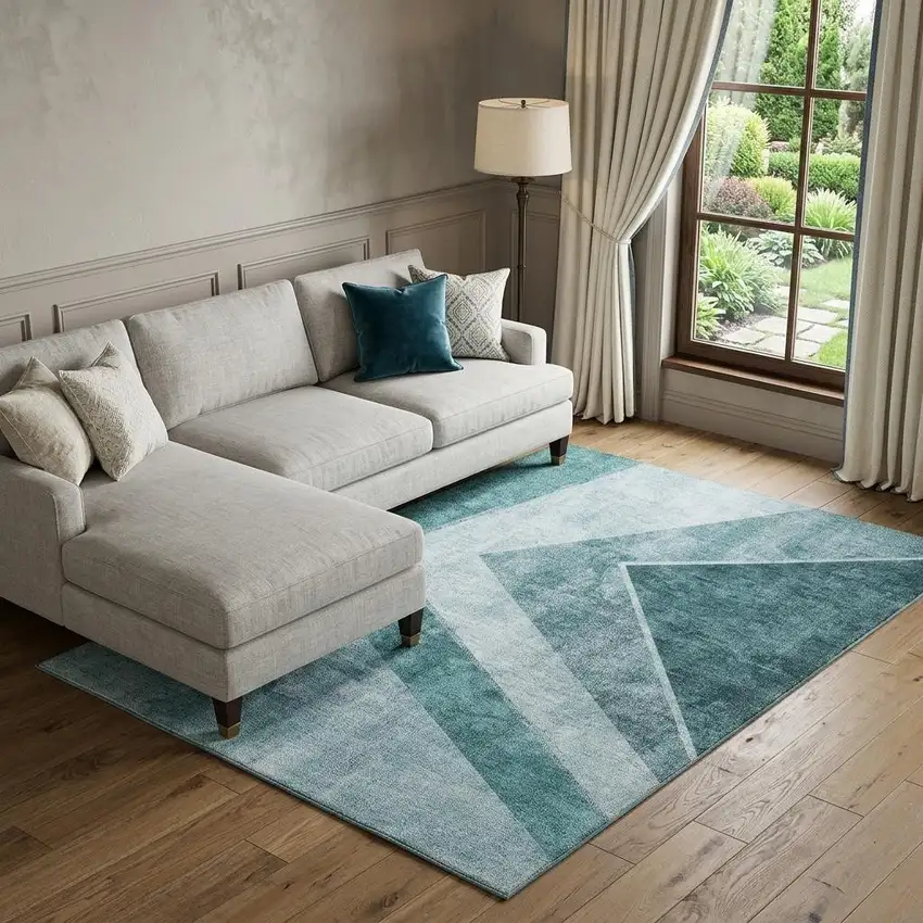 Teal And Ivory Geometric Washable Area Rug With UV Protection Photo 1