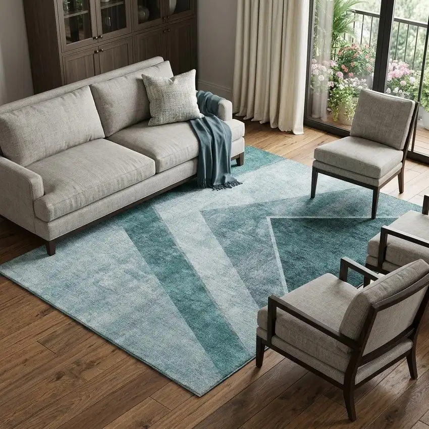 Teal And Ivory Geometric Washable Area Rug With UV Protection Photo 1