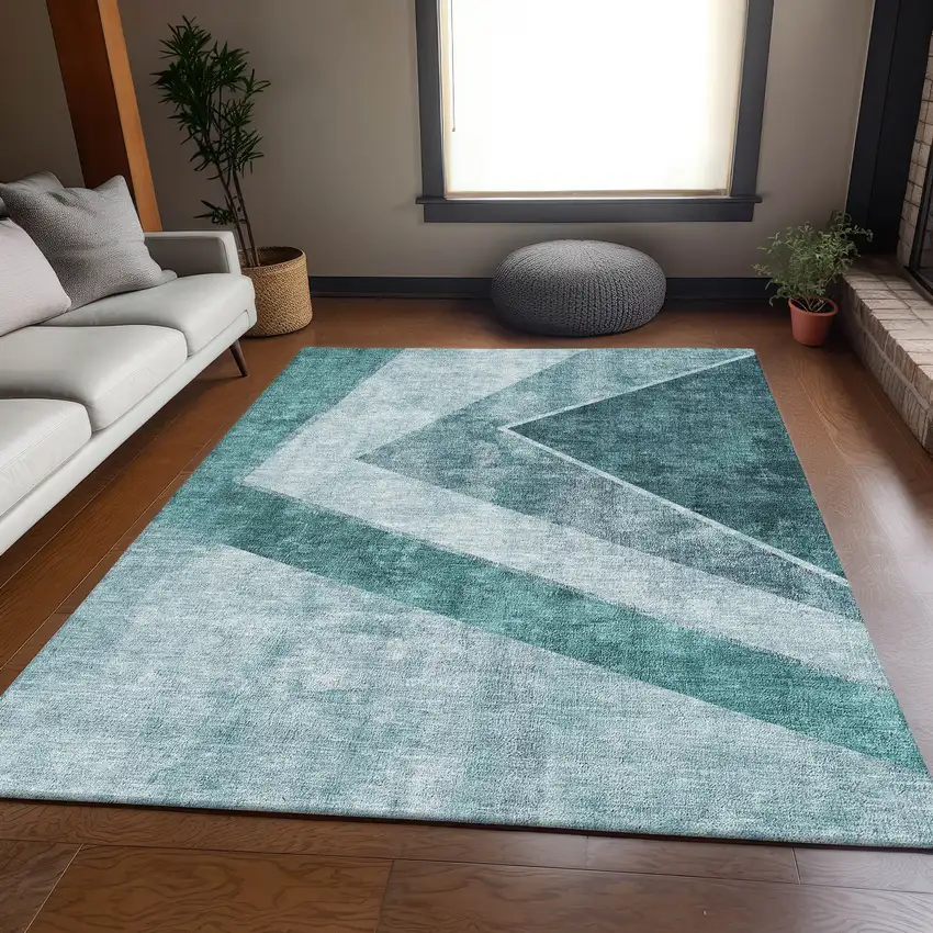 Teal And Ivory Geometric Washable Area Rug With UV Protection Photo 5
