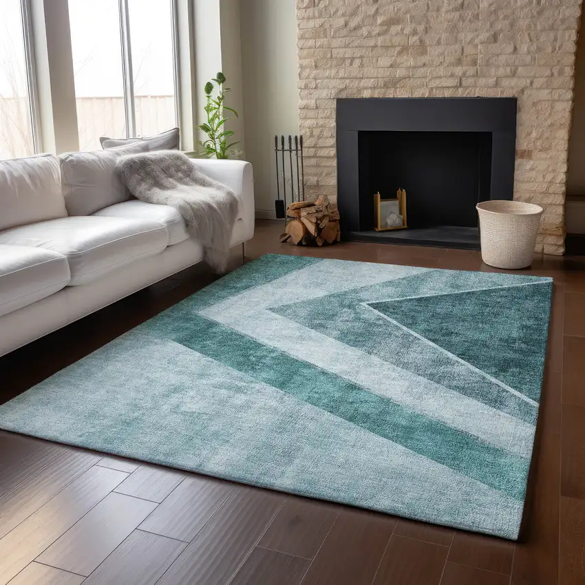 Teal And Ivory Geometric Washable Area Rug With UV Protection Photo 4
