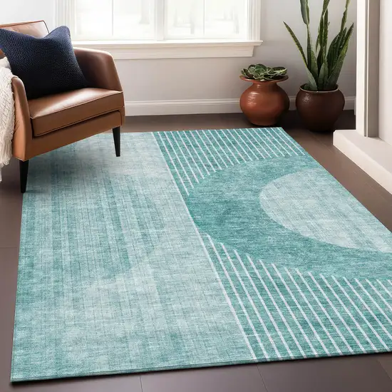 Teal And Ivory Geometric Washable Area Rug With UV Protection Photo 5