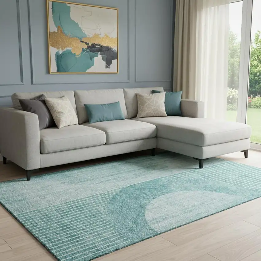 Teal And Ivory Geometric Washable Area Rug With UV Protection Photo 1