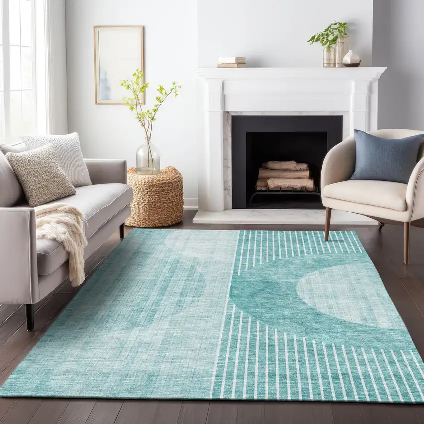 Teal And Ivory Geometric Washable Area Rug With UV Protection Photo 4
