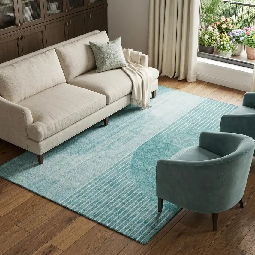 Teal And Ivory Geometric Washable Area Rug With UV Protection Photo 1