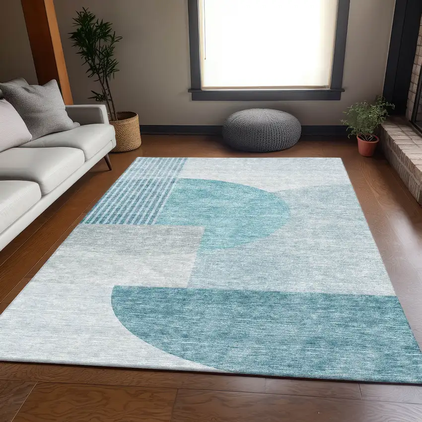 Teal And Ivory Geometric Washable Area Rug With UV Protection Photo 6