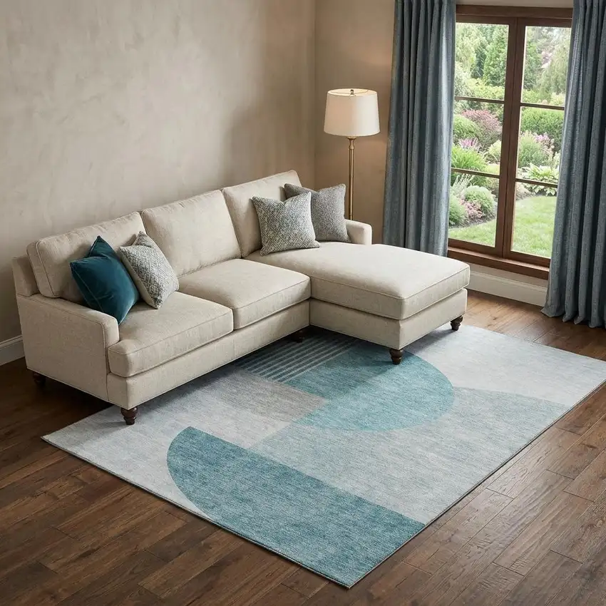 Teal And Ivory Geometric Washable Area Rug With UV Protection Photo 1