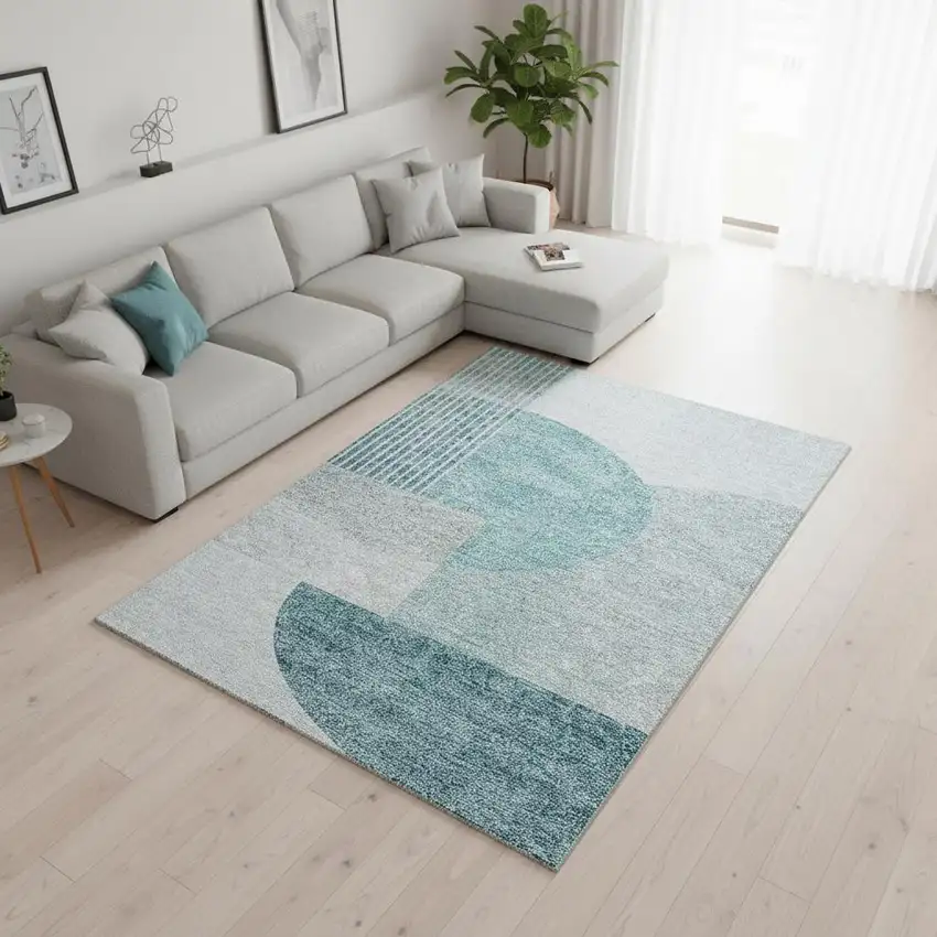 Teal And Ivory Geometric Washable Area Rug With UV Protection Photo 3