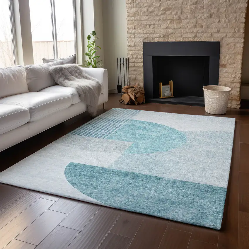 Teal And Ivory Geometric Washable Area Rug With UV Protection Photo 6