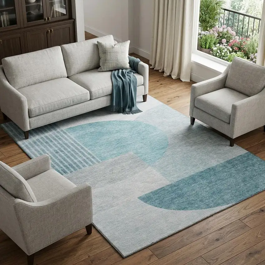 Teal And Ivory Geometric Washable Area Rug With UV Protection Photo 1