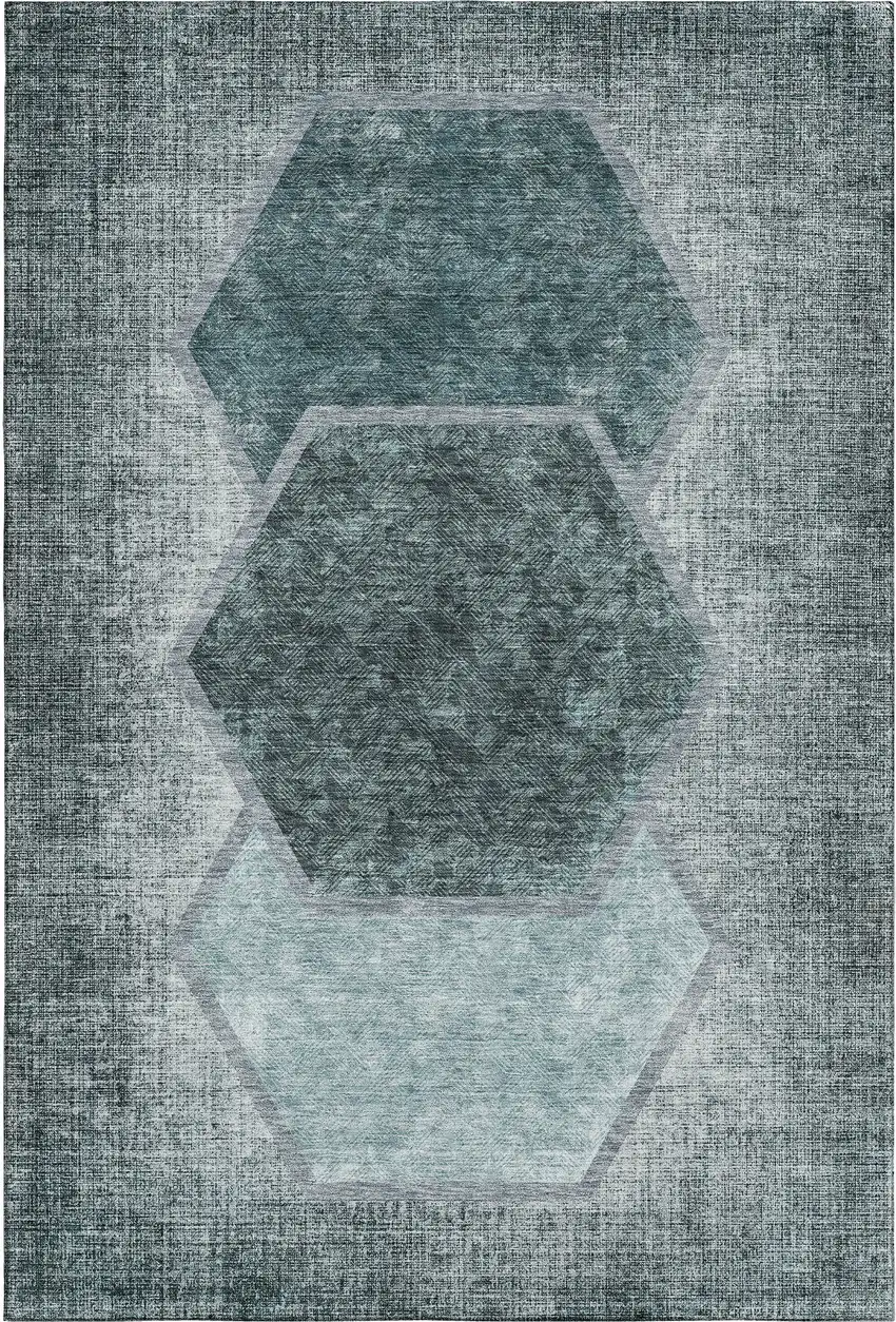 Teal And Ivory Geometric Washable Area Rug With UV Protection Photo 1