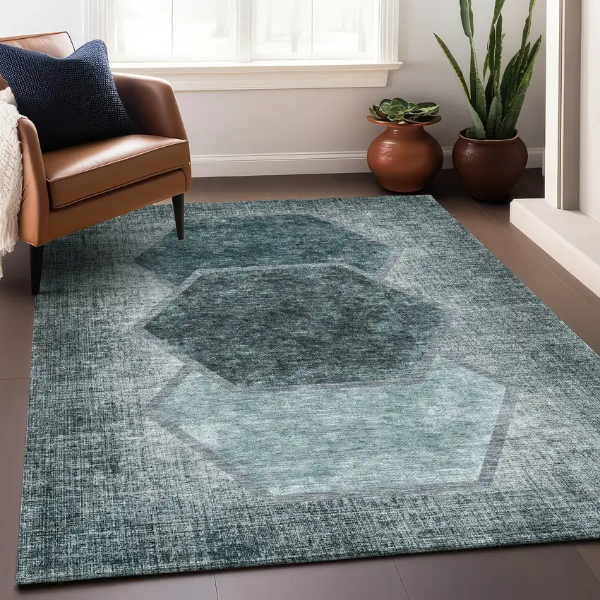 Teal And Ivory Geometric Washable Area Rug With UV Protection Photo 5