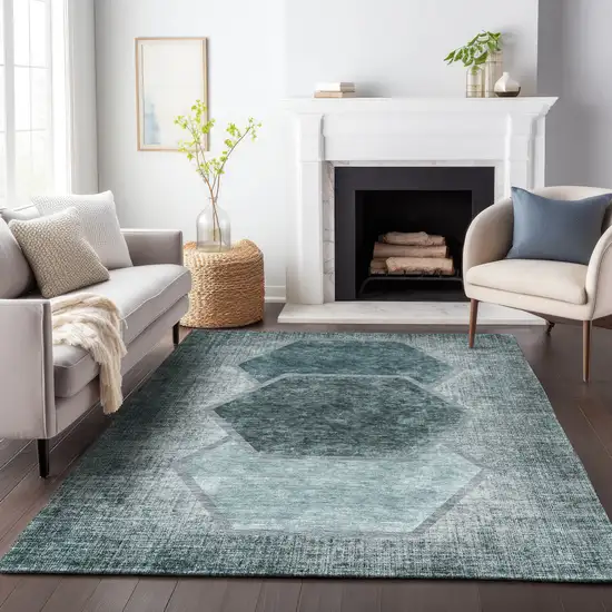 Teal And Ivory Geometric Washable Area Rug With UV Protection Photo 4