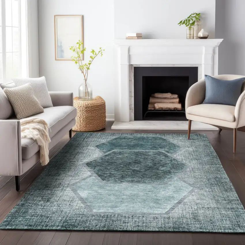 Teal And Ivory Geometric Washable Area Rug With UV Protection Photo 4