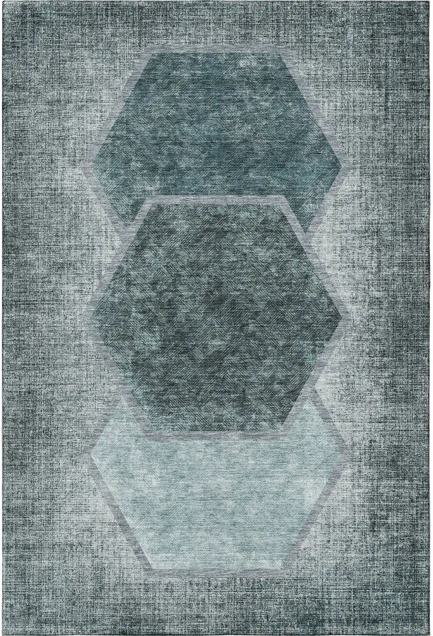 Teal And Ivory Geometric Washable Area Rug With UV Protection Photo 3