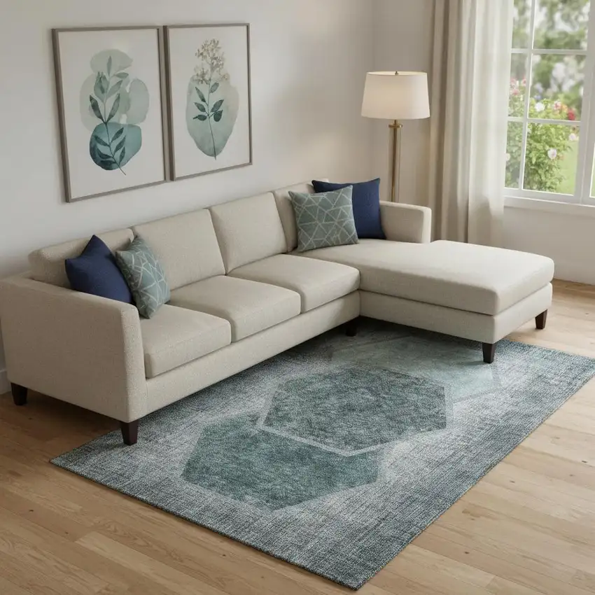 Teal And Ivory Geometric Washable Area Rug With UV Protection Photo 1