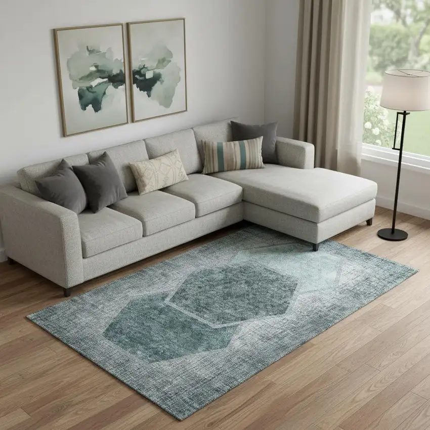 Teal And Ivory Geometric Washable Area Rug With UV Protection Photo 1